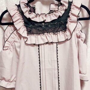 Dear My Love Cold Shoulder Puff Sleeve Sheer Front Bow Ruffle Blouse